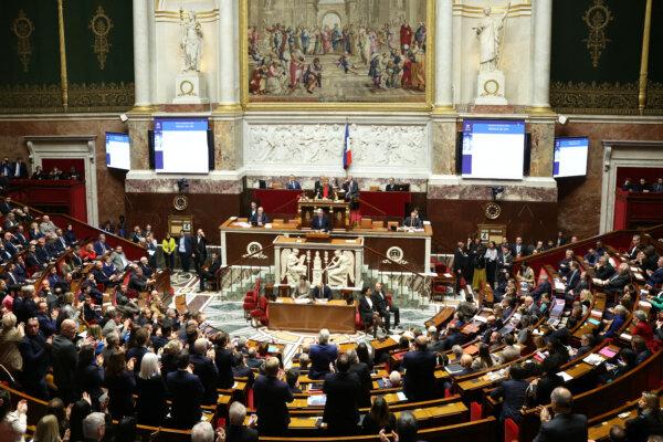 French Prime Minister Michel Barnier delivers a speech during the debate prior to the no-confidence votes on his administration at the National Assembly in Paris on Dec. 4, 2024. (Alain Jocard/AFP via Getty Images)