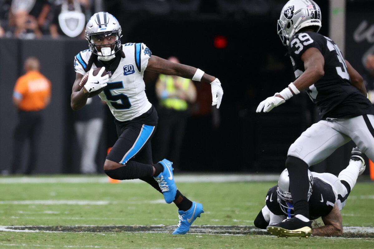 Diontae Johnson, #5 of the Carolina Panthers, runs with the ball during the second quarter against the Las Vegas Raiders at Allegiant Stadium in Las Vegas, Nev., on Sept. 22, 2024. (Ian Maule/Getty Images)