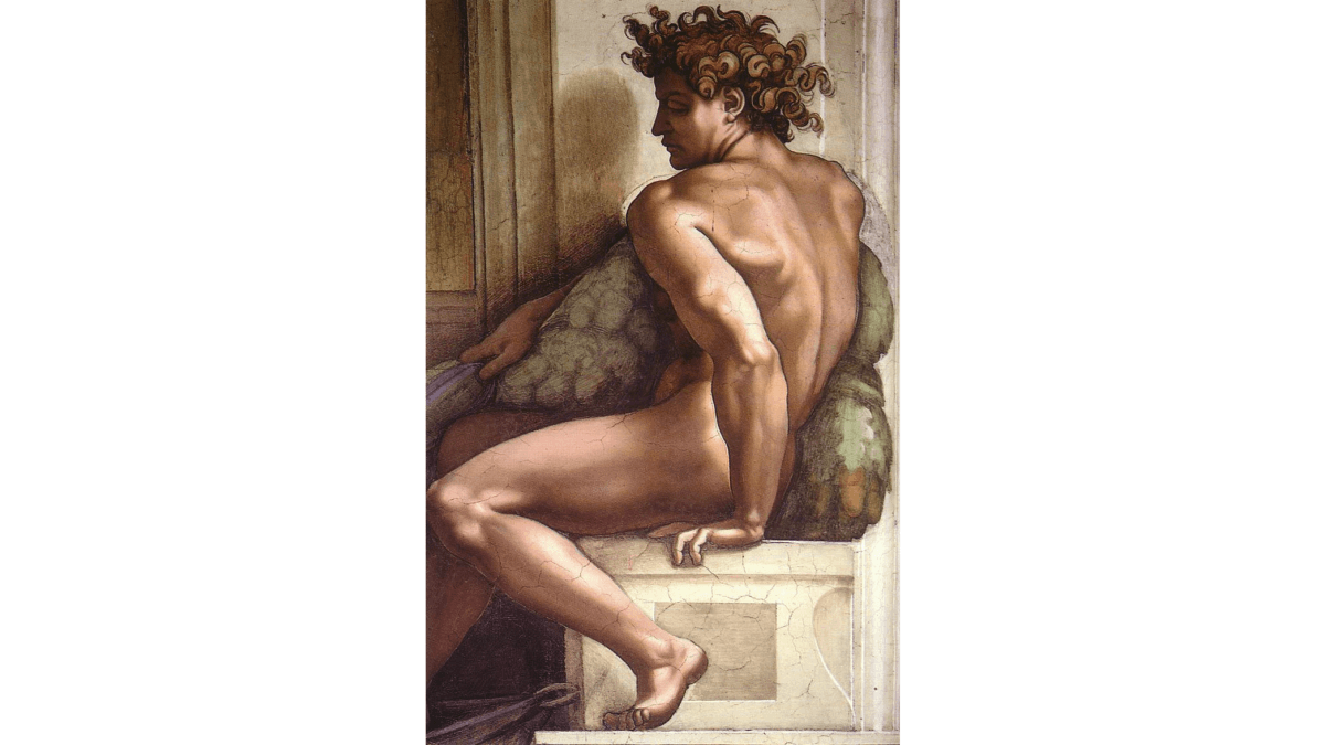 Ignudo fresco on the Sistine Chapel ceiling, 1509, by Michelangelo. The artist’s poems goes beyond expressing physical beauty with the beauty of the soul. (Public Domain)