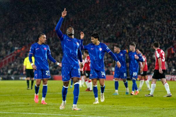 Chelsea's Noni Madueke celebrates scoring their side's third goal of the game during the Premier League soccer match between Southampton and Chelsea at St Mary's Stadium, Southampton, England,on Dec. 4, 2024. (Andrew Matthews/PA via AP)