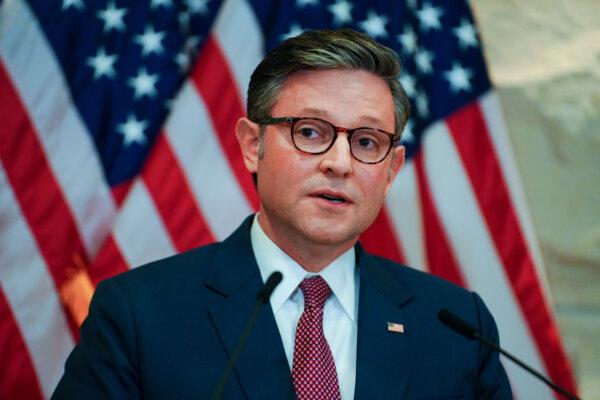 House Speaker Mike Johnson speaks to reporters before meeting with Elon Musk, CEO of SpaceX, and biotech entrepreneur Vivek Ramaswamy in Congress on Dec. 5. (Madalina Vasiliu/The Epoch Times)