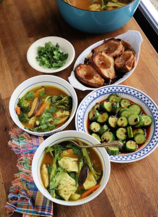 This $15 dinner for two includes Asian cucumber salad, a hearty wonton soup, and baked pears with maple for dessert. (Gretchen McKay/Pittsburgh Post-Gazette/TNS)