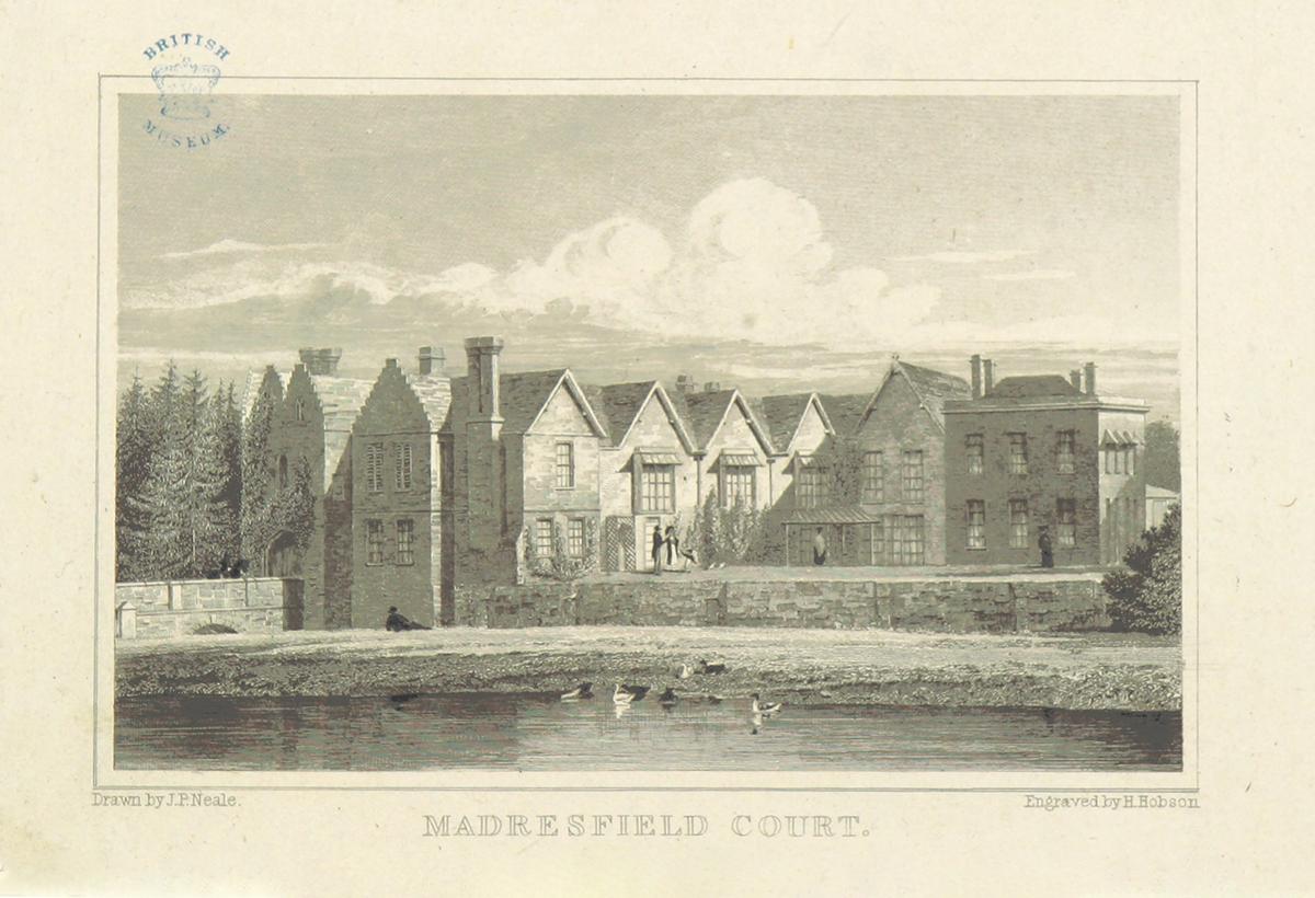 A monograph of Madresfield Court before undergoing extensive renovations, 1818, by W. H. Reid from "Views of the Seats of Noblemen and Gentlemen in England, Wales, Scotland and Ireland. L.P." British Library, London. (Public Domain)