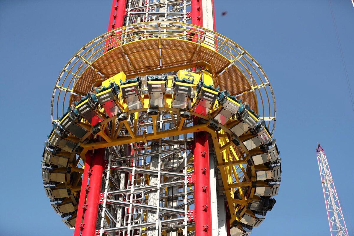 The Orlando Free Fall drop tower in ICON Park in Orlando, Fla., on March 28, 2022. (Stephen M. Dowell/Orlando Sentinel via AP)