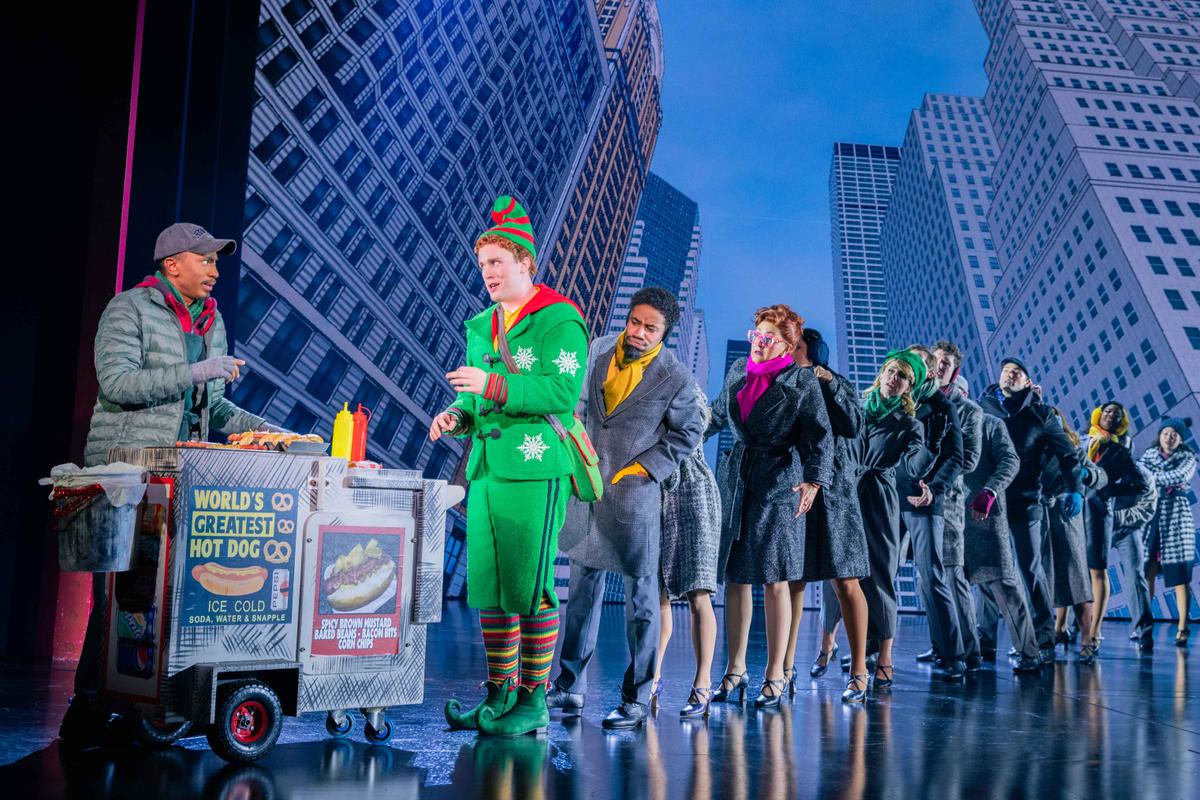 Buddy (Grey Henson, 2nd from L) reinvigorates New York City with the spirit of Christmas, in "Elf: The Musical." (Evan Zimmerman for MurphyMade)