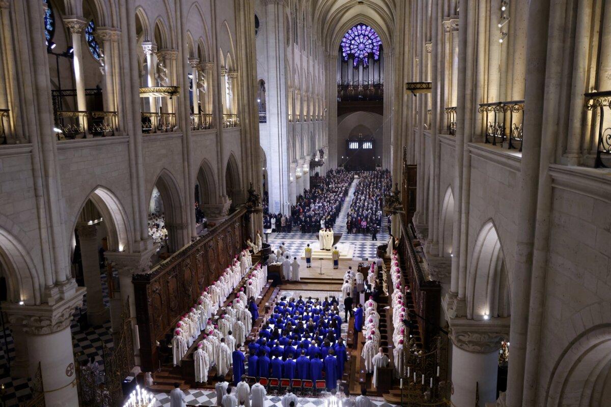 Clergymen, officials, and guests attend the first Mass for the public during Notre-Dame Cathedral's reopening ceremony in Paris on Dec. 8, 2024. (Ludovic Marin/AFP via Getty Images)