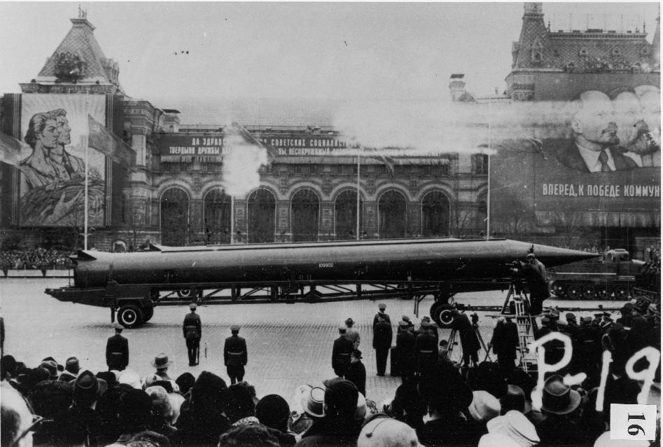 CIA reference photograph of Soviet medium-range ballistic missile (SS-4 in U.S. documents, R-12 in Soviet documents), in Red Square, Moscow. (Public Domain)
