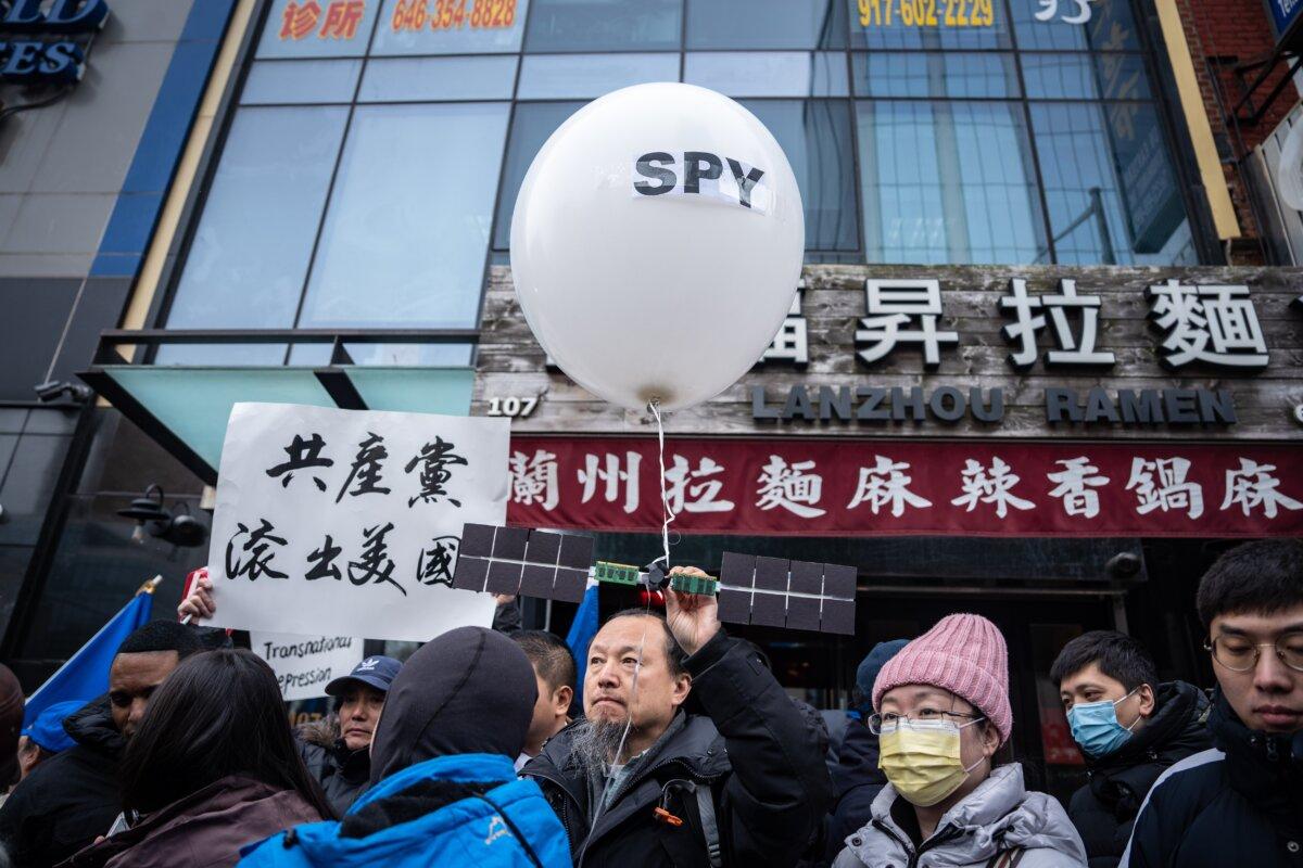 People attend a press conference and rally highlighting Beijing’s transnational repression, in front of the America ChangLe Association, which held a now-closed secret Chinese police station, in New York City on Feb. 25, 2023. (Samira Bouaou/The Epoch Times)