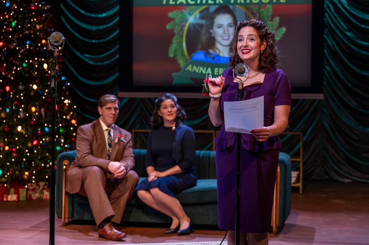 (L–R) George Bailey (Brandon Dahlquist), Mary Bailey (Audrey Billings), and Violet (Dara Cameron), in "It's a Wonderful Life: Live in Chicago!" (Michael Brosilow)