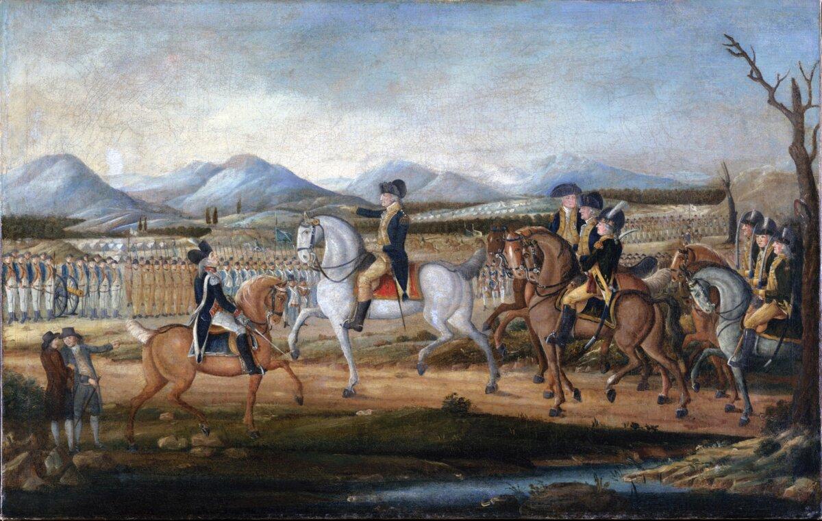 The painting depicts George Washington and his troops near Fort Cumberland, Maryland, before their march to suppress the Whiskey Rebellion in western Pennsylvania. (Frederick Kemmelmeyer/Metropolitan Museum of Art, Public Domain)