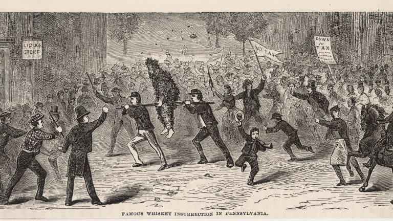 “Famous whiskey insurrection in Pennsylvania,” 1880, an illustration from Our first century: being a popular descriptive portraiture of the one hundred great and memorable events of perpetual interest in the history of our country by R.M. Devens (Springfield, Mass., 1882). (New York Public Library Digital Gallery, Public Domain)