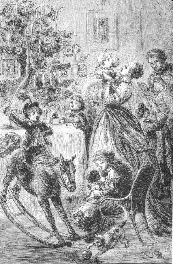 Illustration of a family gathered in their living room on Christmas morning, circa 1870. (Hulton Archive/Getty Images)