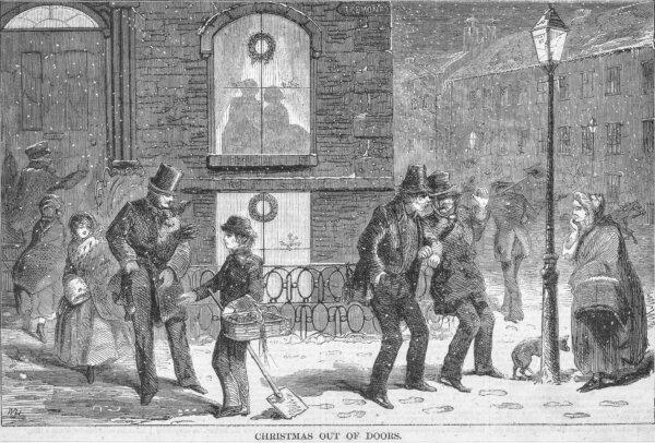 Engraving of the illustration “Christmas out of doors” by Winslow Homer, showing the harshness of a cold snowy winter on the streets, printed in Harper's Weekly in New York in December 1858. (Archive Photos/Getty Images)