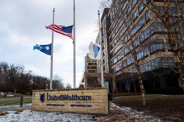Flags fly at half mast outside the United Healthcare corporate headquarters in Minnetonka, Minn., on Dec. 4, 2024. (Stephen Maturen/Getty Images)