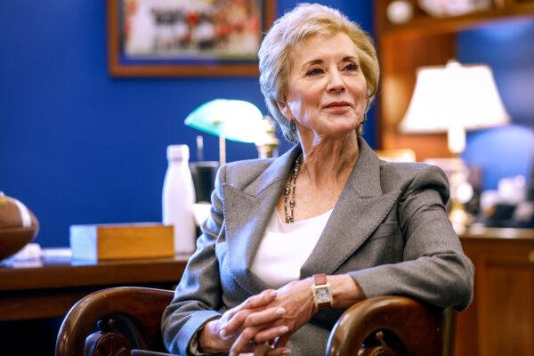 Linda McMahon, President Donald Trump's nominee for secretary of education, meets with Sen. Tommy Tuberville (R-Ala.) in his office in Washington on Dec. 9, 2024. (Anna Moneymaker/Getty Images)