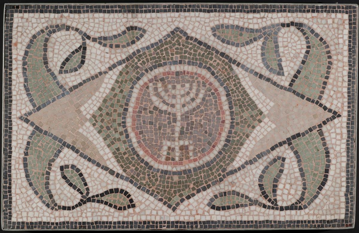 "Mosaic of Menorah," A.D. 6th century, Roman. Stone and mortar; 1 3/4 inches by 35 1/4 inches by 22 7/16 inches. Brooklyn Museum, New York. (Public Domain)