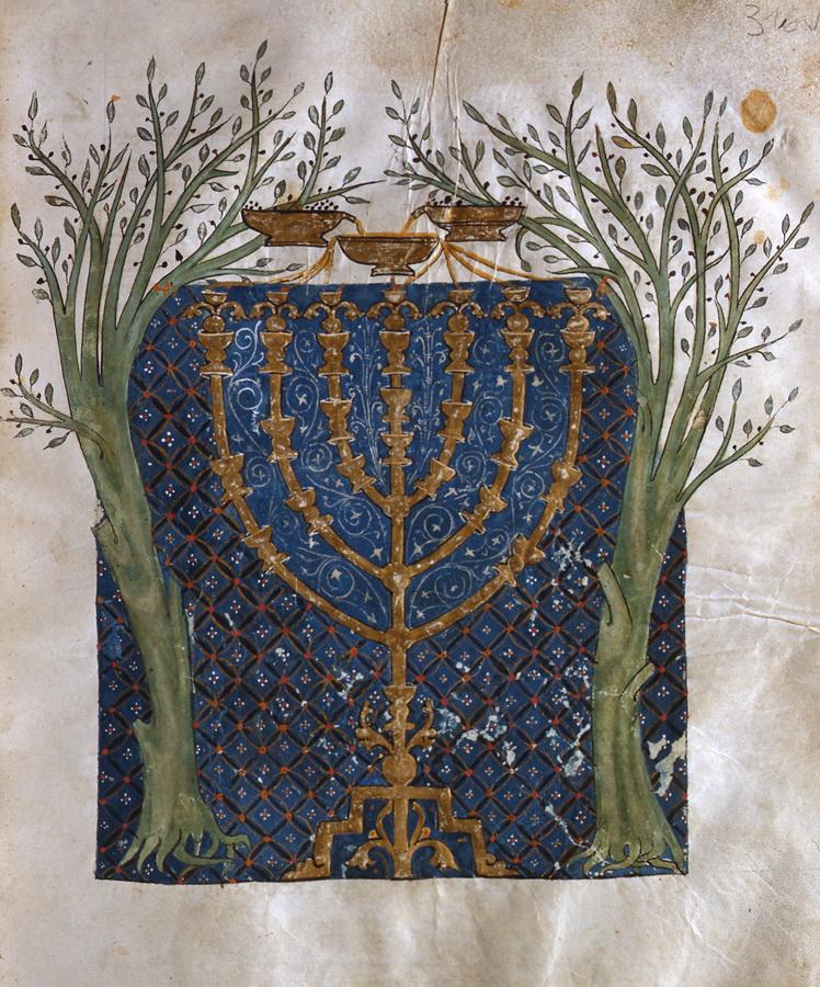 Menorah of Zechariah's Vision, 1299–1300, illuminated by Joseph the Frenchman. National Library of Portugal, Lisbon. (PD-US)
