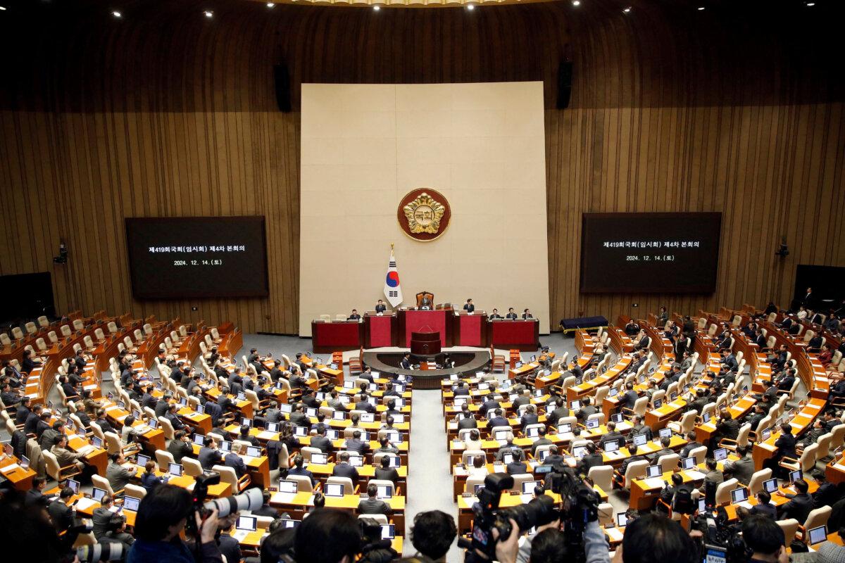 South Korean lawmakers during a plenary session of the impeachment vote of President Yoon Suk Yeol at the National Assembly in Seoul, South Korea, on Saturday, Dec.14, 2024. Woohae Cho/Pool via REUTERS
