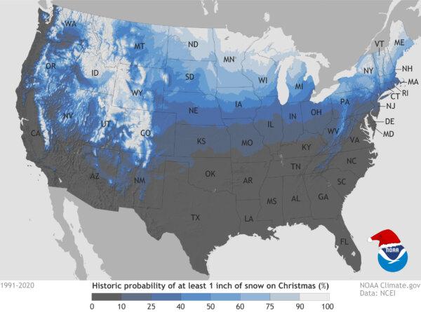 An NOAA map, published Dec. 16, 2024, showcases the places in the United States that have the best chance of a white Christmas, based on data collected between 1991 and 2020. (NOAA)
