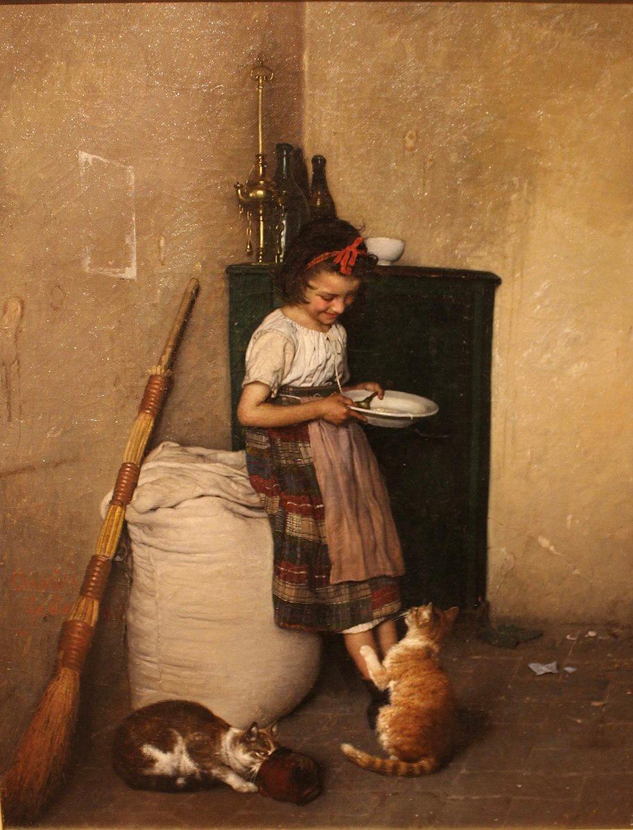 "Child Feeding Her Pets," 1872, by Gaetano Chierici. Widener University Art Collection, Chester, Penn. A masterful writer can take something as simple as a girl caring for her animals and transform it into a tale that spans era and place. (PD-US)