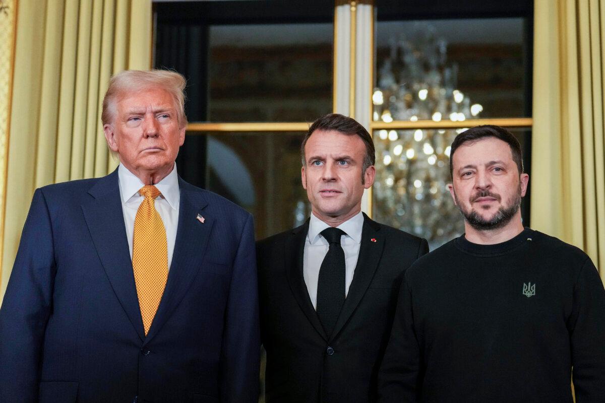 President-elect Donald Trump (L) with French President Emmanuel Macron (C) and Ukrainian President Volodymyr Zelenskyy at the Elysee Palace in Paris, on Dec. 7, 2024. (Aurelien Morissard/AP Photo)