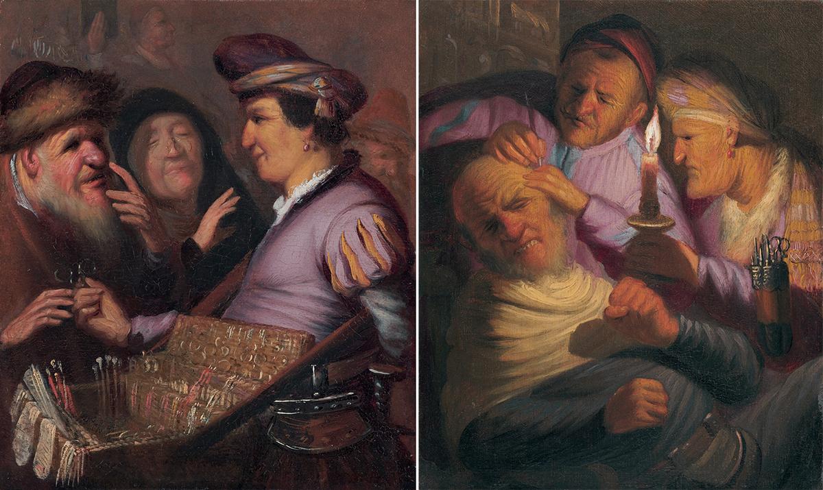 (L) “Spectacles Seller (Allegory of Sight),” circa 1624, by Rembrandt. Oil on panel; 8.5 inches by 7 inches. Museum De Lakenhal, Leiden, Netherlands. (R) “Stone Operation (Allegory of Touch),” between circa 1624 and 1625, by Rembrandt. Oil on panel; 8.5 inches by 7 inches. The Leiden Collection, New York City. (Public Domain)