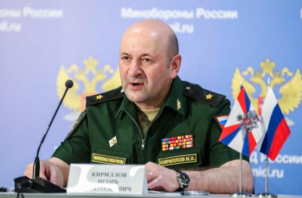 Igor Kirillov, the chief of the Russian military's nuclear, chemical, and biological protection unit—who was assassinated on Dec. 17, 2024—attends a briefing in Kubinka Patriot Park, outside Moscow, Russia, on June 22, 2018. (AP Photo)