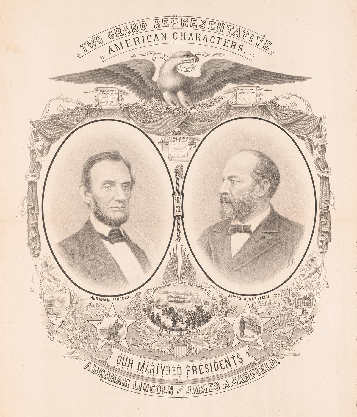 A print of our martyred presidents: Abraham Lincoln and James A. Garfield, 1881, by August Hageboeck. Library of Congress. (Public Domain)
