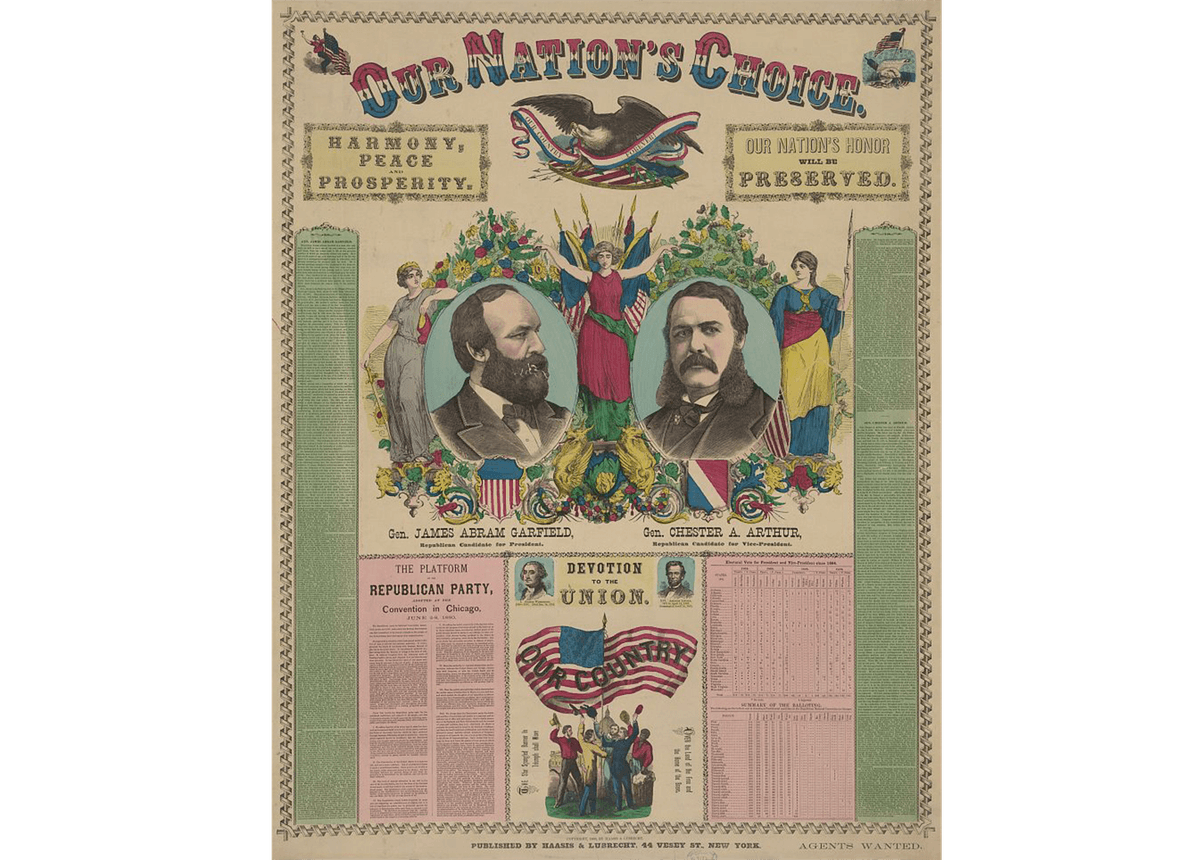 A campaign poster with Gen. James Abram Garfield, Republican candidate for President, and Gen. Chester A. Arthur, Republican Candidate for Vice-President, 1880. Library of Congress. (Public Domain)