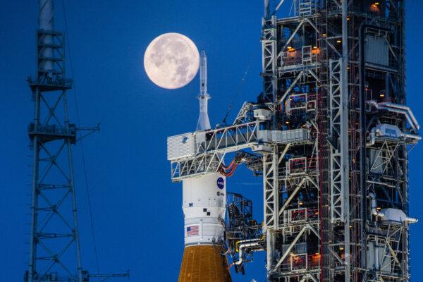 The Artemis I Space Launch System and Orion spacecraft atop the mobile launcher at Launch Complex 39B at NASA's Kennedy Space Center near Cape Canaveral, Fla., on June 14, 2022. (Cory Huston/NASA via AP)