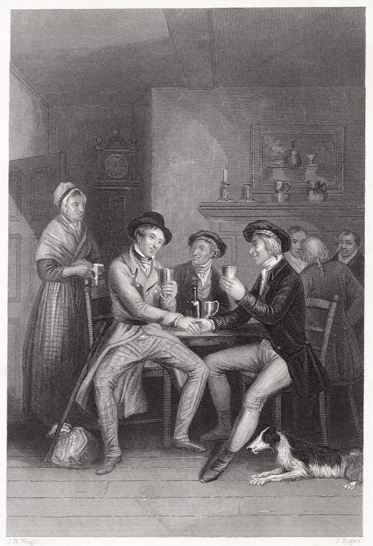 Illustration to Robert Burns's poem Auld Lang Syne by J.M. Wright and Edward Scriven, circa 1841. (Public Domain)