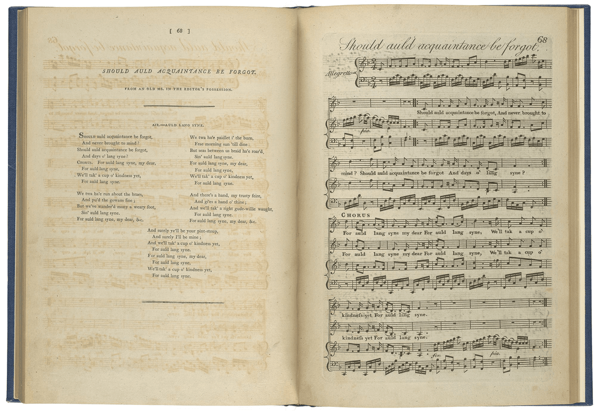 The first published edition with piano accompaniment of Burns's "Auld Lang Syne" in the "Select Collection of Original Scottish Airs," 1799, published by George Thomson. Morgan Library and Museum, New York City. (Public Domain)