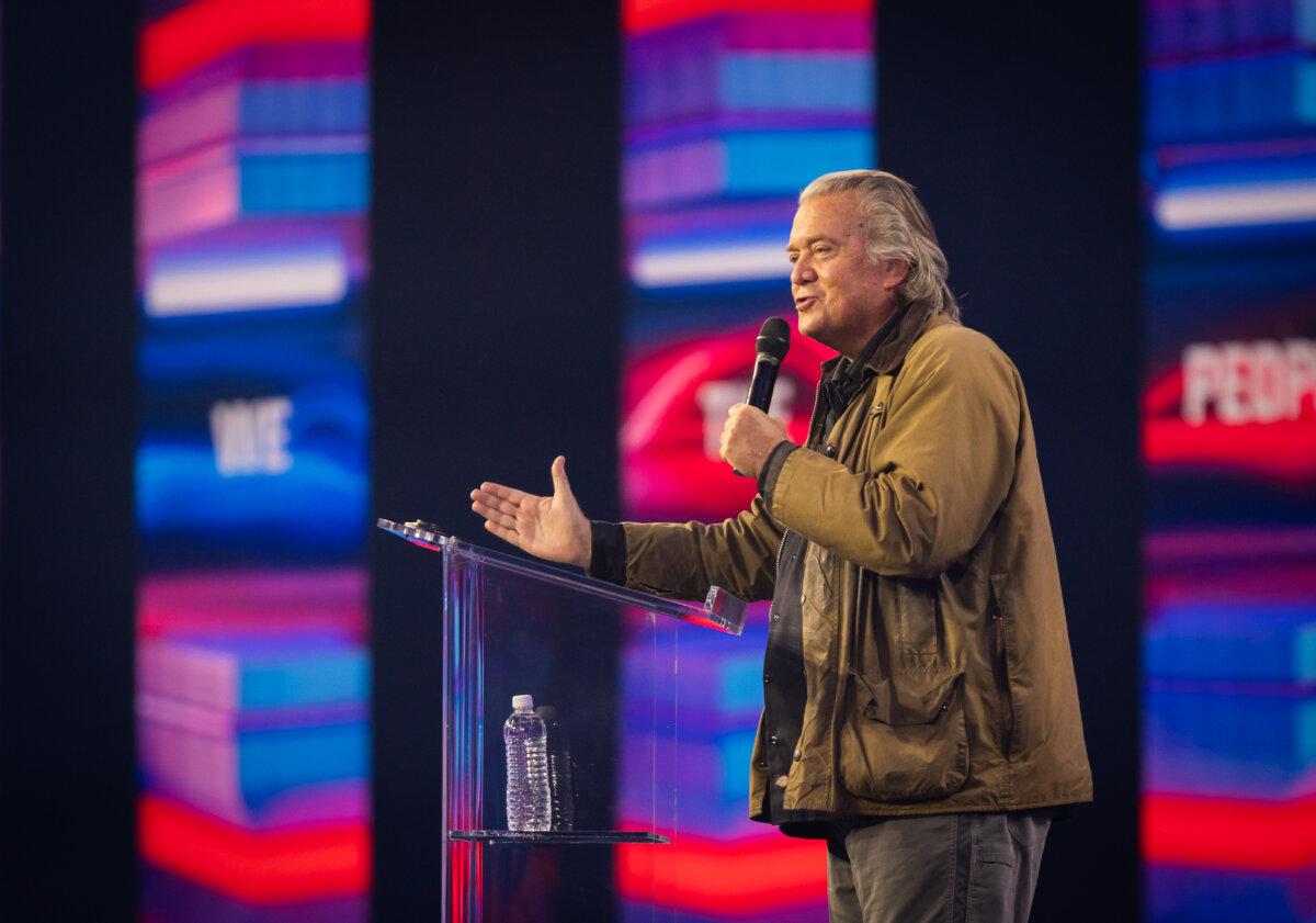 Steve Bannon speaks on night one of the AmericaFest hosted by Turning Point USA in Phoenix, Ariz., on Dec. 19, 2024. (John Fredricks/The Epoch Times)