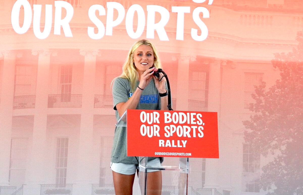 Riley Gaines, a former University of Kentucky swimmer who tied for fifth place with a man who identifies as a woman at the NCAA Championships in March 2022, speaks in Washington on June 23, 2022. (Terri Wu/The Epoch Times)