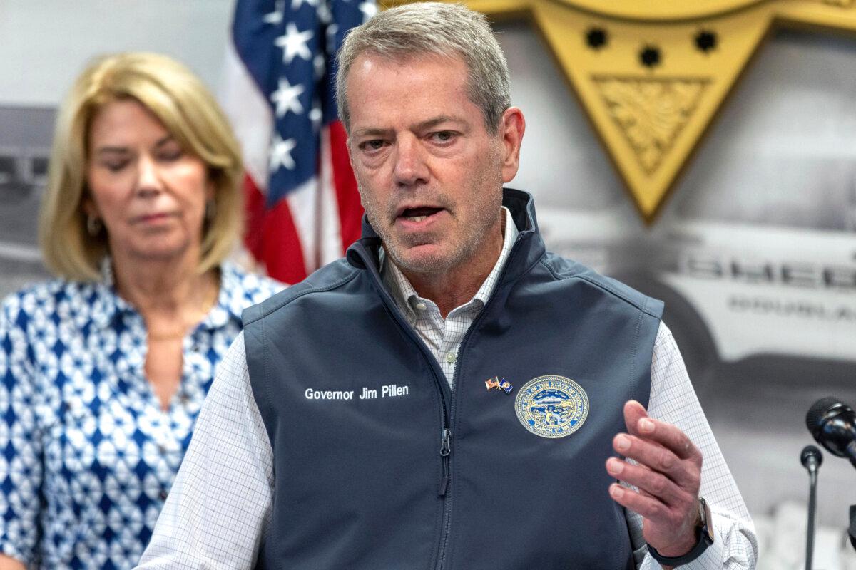 Nebraska Gov. Jim Pillen speaks during a press conference at the Douglas County Sheriff's Office in Omaha, Neb., on April 27, 2024. (Chris Machian/Omaha World-Herald via AP)
