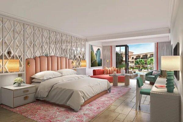 Rendering of a standard room inside the Palm House in Palm Beach, Florida. (Palm House/TNS)