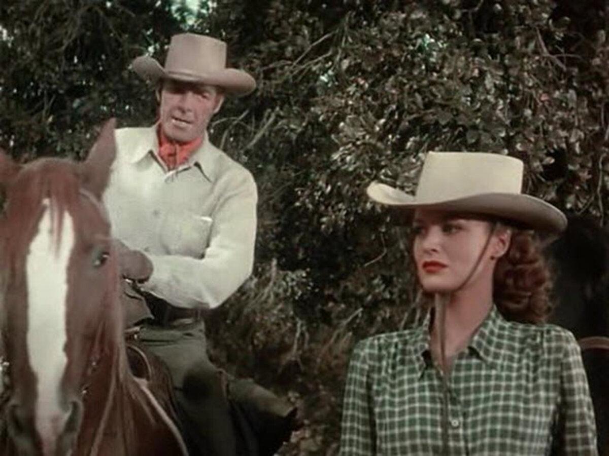 Brazos Kane (Randolph Scott) and Jane Banner (Dorothy Hart), in “Gunfighters.” (Columbia Pictures).