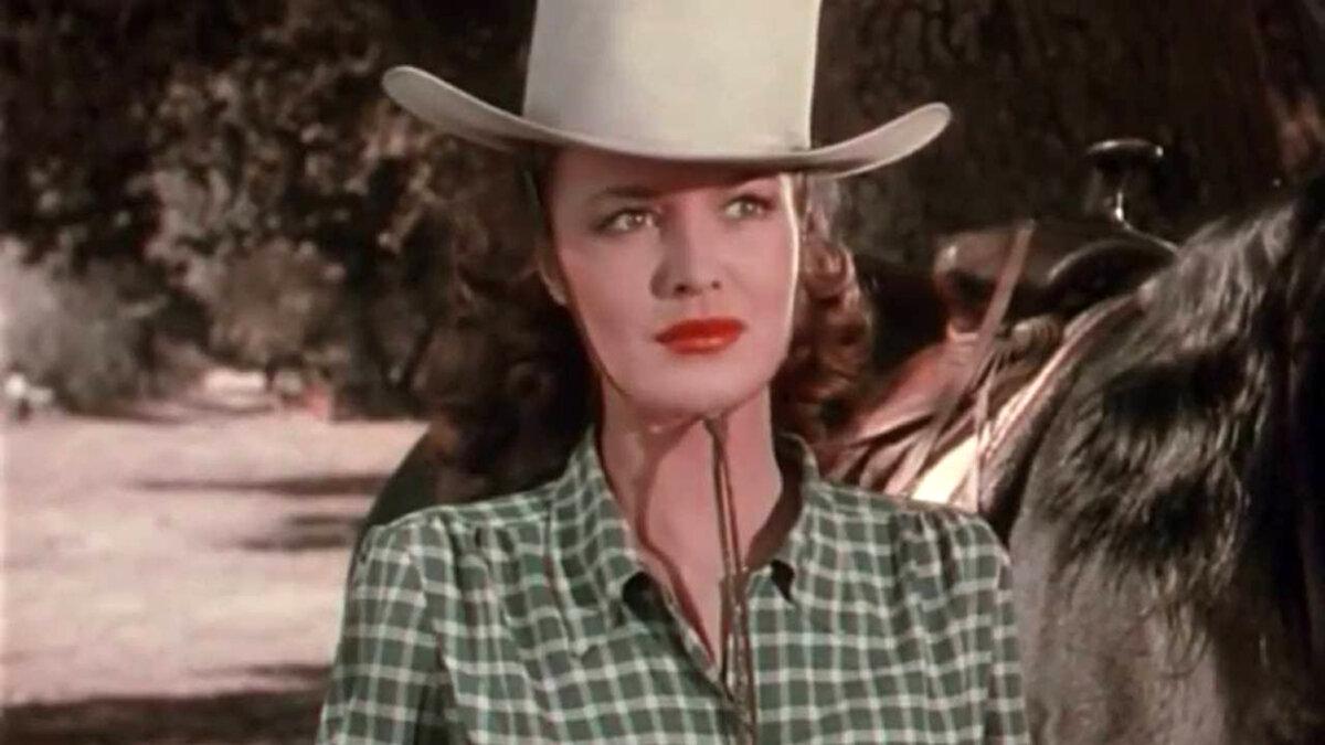 The lovely Dorothy Hart makes her film debut as Jane Banner, in “Gunfighters.” (Columbia Pictures).