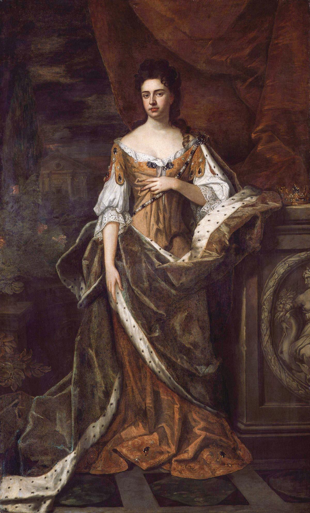 戈弗雷‧內勒爵士(Sir Godfrey Kneller)的肖像作品《安妮女王》,1690年左右創作。布面油畫;233.7 cm x 142.9 cm。英國國家肖像館(National Portrait Gallery)。(公有領域)