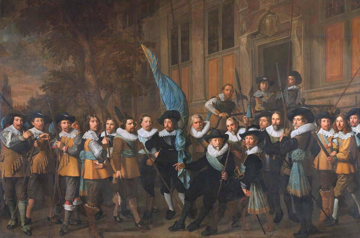 Officers and Other Civic Guardsmen of the IV District of Amsterdam, Under the Command of Captain Jan Claesz van Vlooswijck and Lieutenant Gerrit Hudde, 1642, by Nicolaes Eliaszoon Pickenoy. Oil on canvas; 11 feet, 1 inch by 17 feet, 2 inches. Rijksmuseum, Amsterdam. (Public Domain)