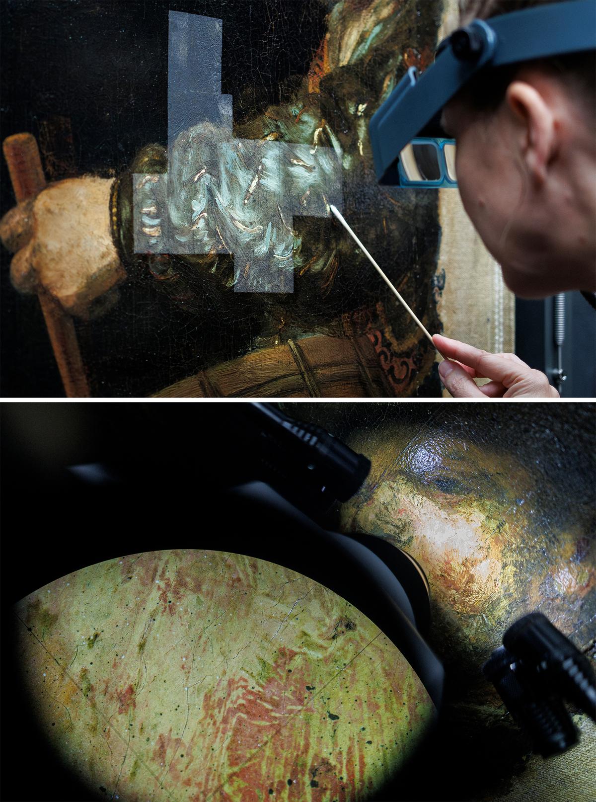 (Top) A new stage of “Operation Night Watch,” wherein a technician removes varnish from Rembrandt’s painting on Nov. 19, 2024. (Bottom) The painting surface seen through a microscope. (Simon Wohlfahrt/Getty Images)