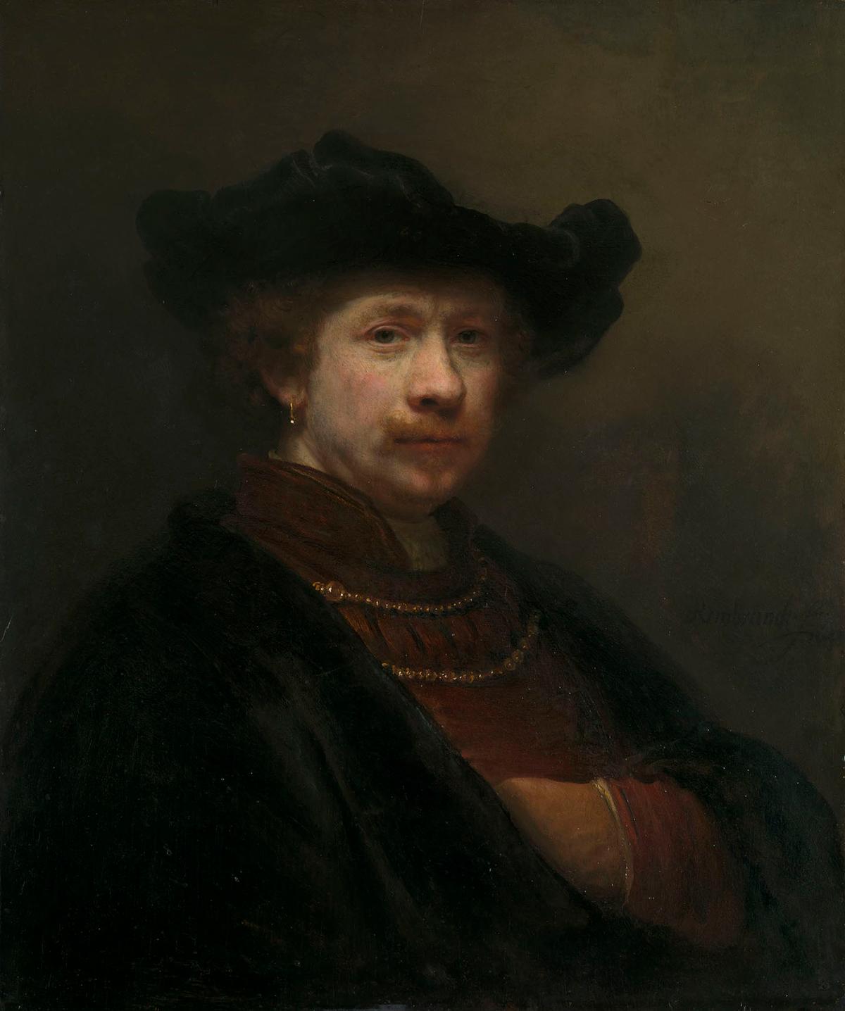 <span data-sheets-root="1">"Self-Portrait in a Flat Cap," 1642, by Rembrandt. Oil on oak panel; 27 3/4 inches by 23 inches. Royal Collection, UK. (Public Domain)</span>