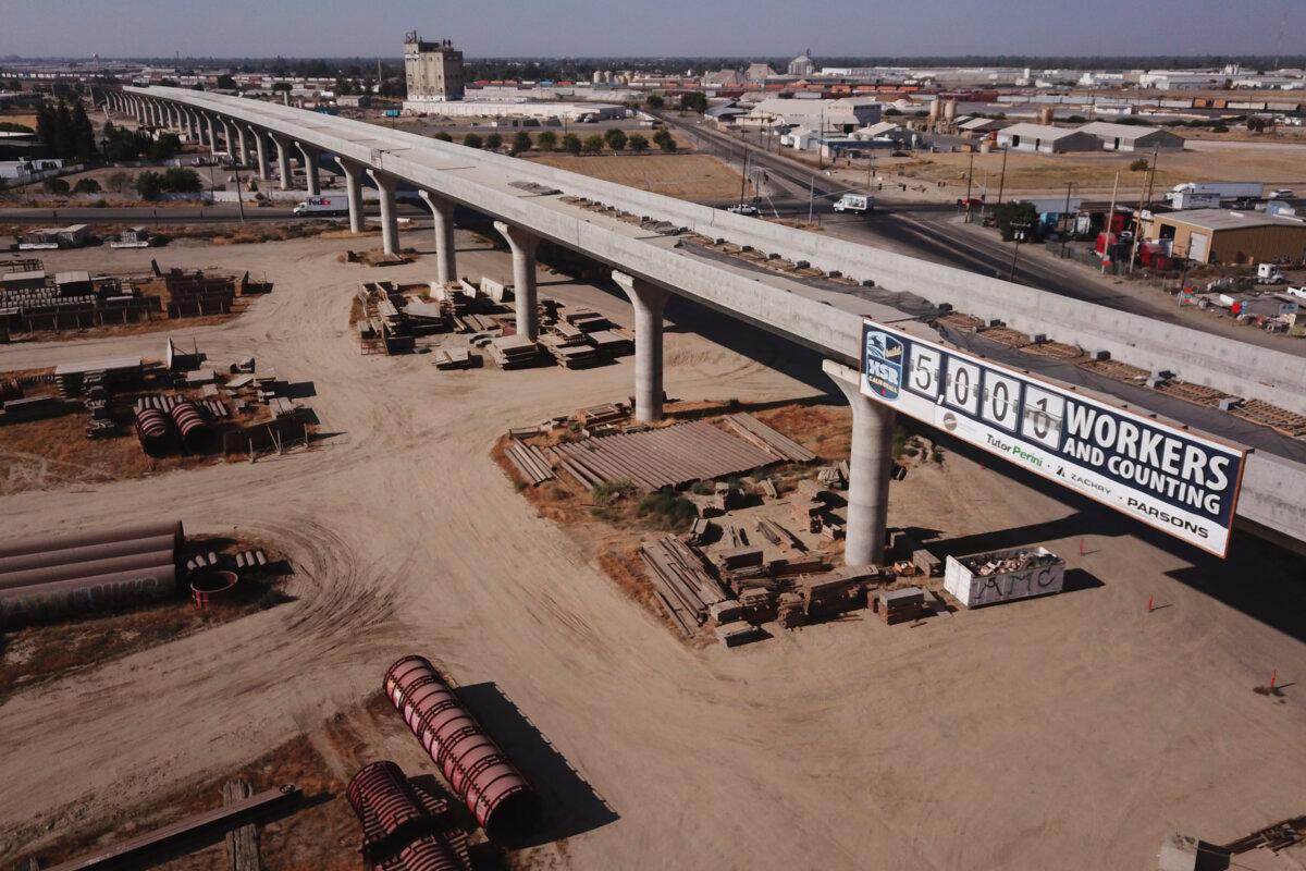 The Cedar viaduct stands during construction of a high-speed rail project through the Central Valley in Fresno, Calif., on Aug. 26, 2021. (Patrick T. Fallon/AFP via Getty Images)