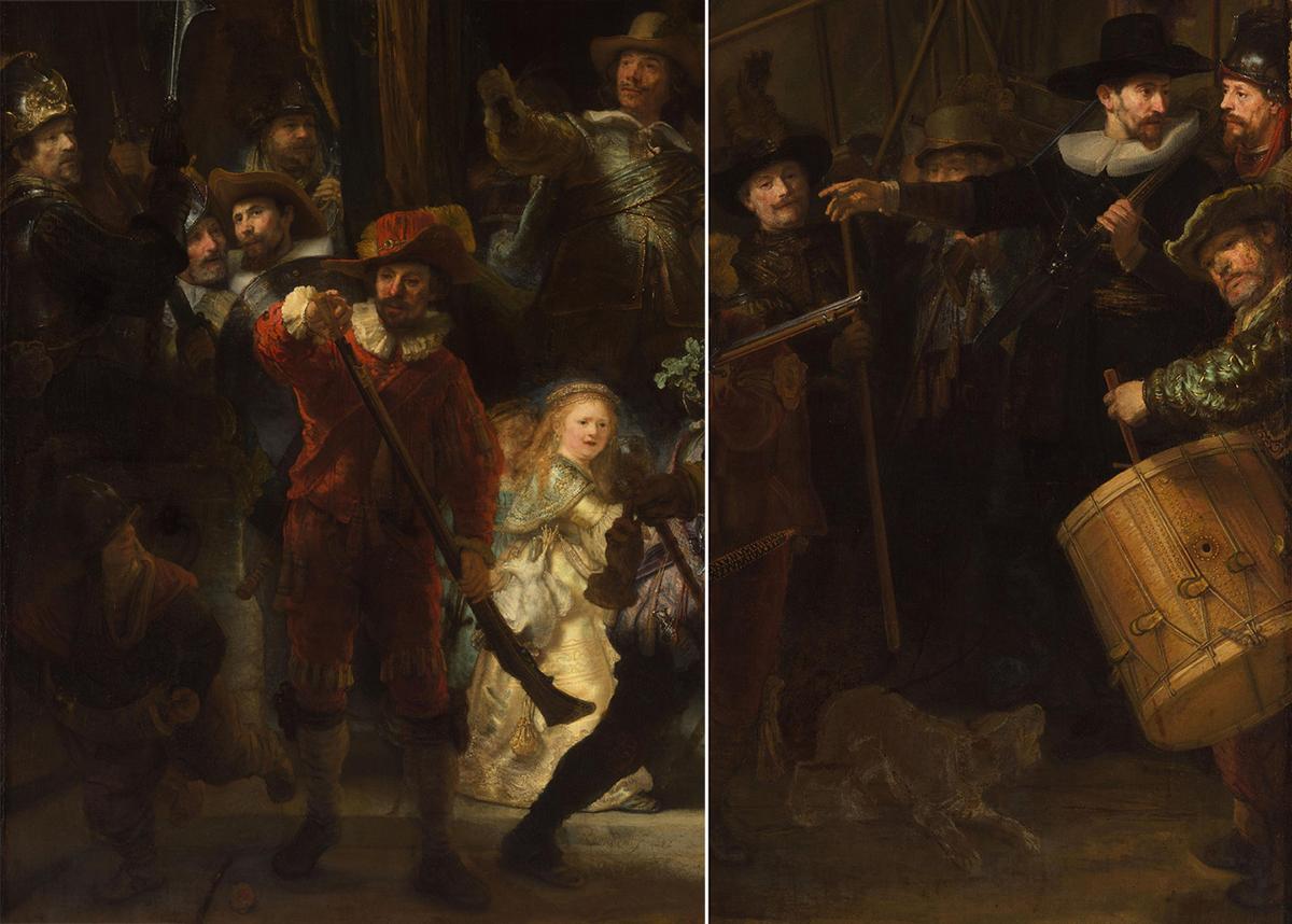 Details of muskets, chatter, drum, and dog from "The Night Watch," 1642, by Rembrandt. (Public Domain)