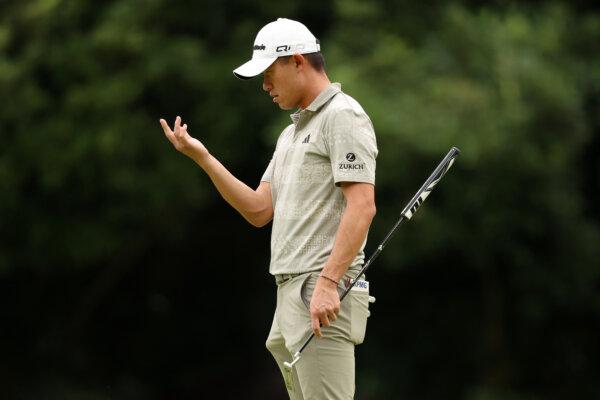 Collin Morikawa of the United States lines up a putt on the 2nd green during the third round of the Zozo Championship 2024 at Accordia Golf Narashino Country Club in Inzai, Chiba, Japan, on Oct. 26, 2024. (Lintao Zhang/Getty Images)