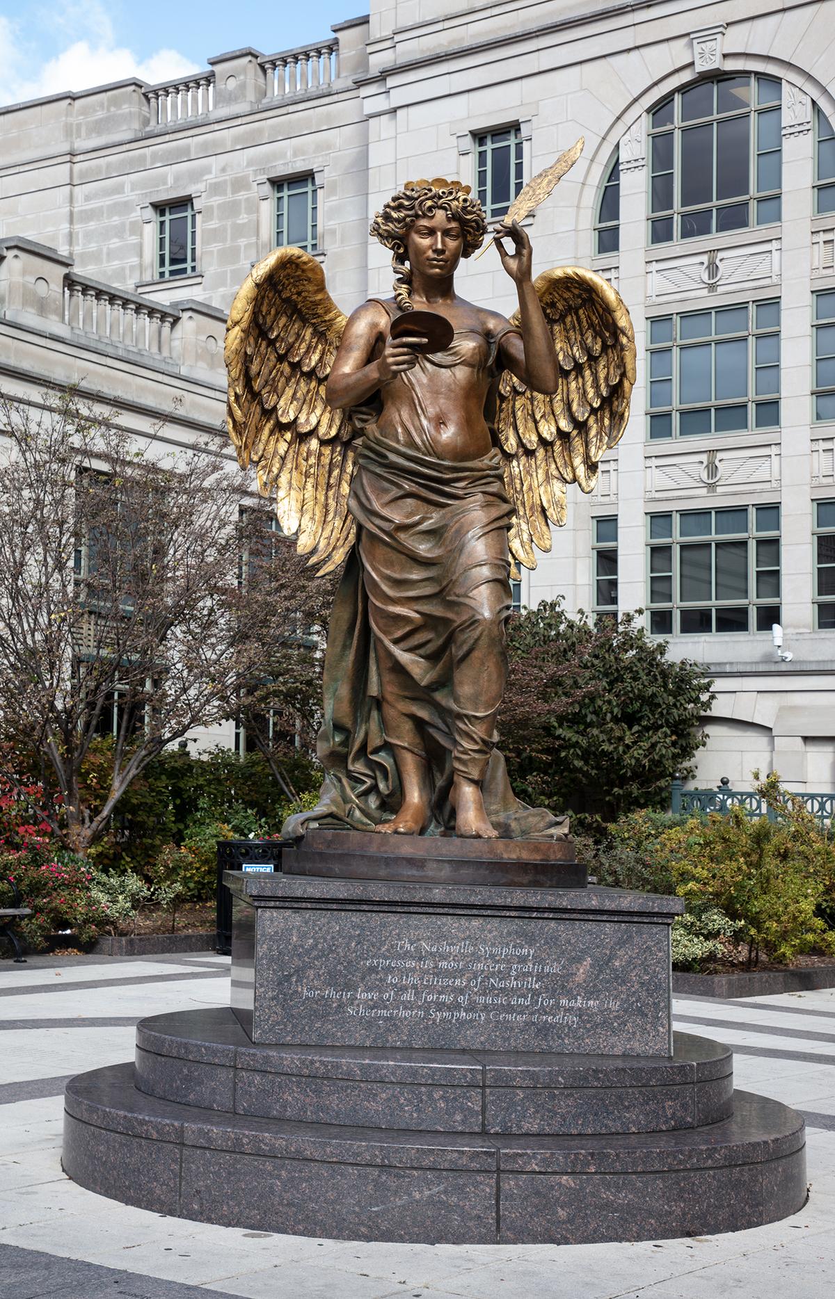 A statue of appreciation to the patrons of the Nashville Symphony, “The Recording Angel” stands outside the Schermerhorn Symphony Center concert hall in Nashville. The bronze statue by Audrey Flack measures 4 feet by 9 feet. Library of Congress. (Public Domain)
