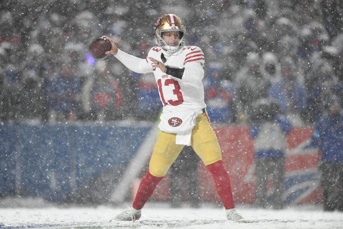 San Francisco 49ers quarterback Brock Purdy (13) passes against the Buffalo Bills during the second half of an NFL football game in Orchard Park, N.Y., on Dec. 1, 2024. (Adrian Kraus/AP Photo)