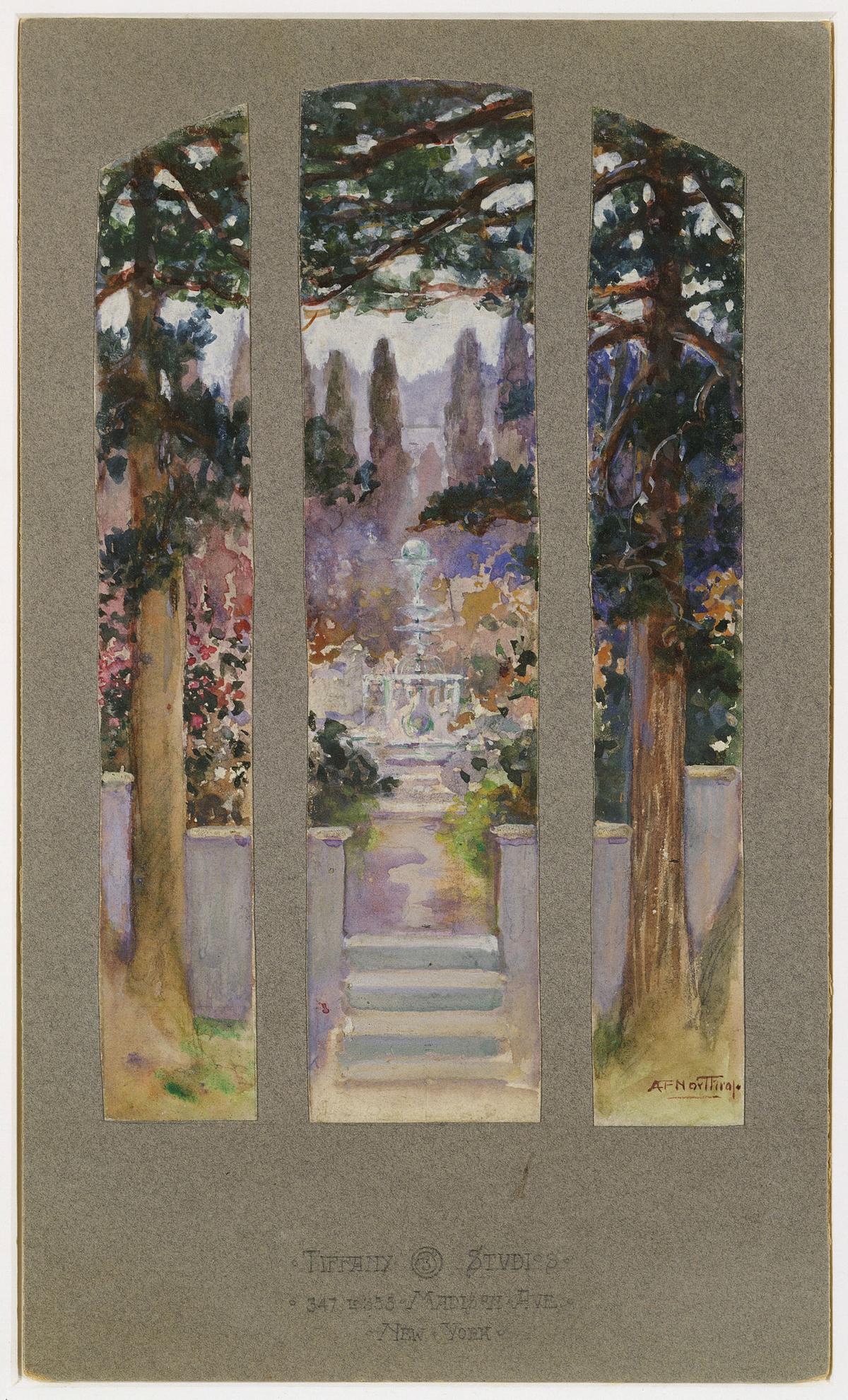 Design for a window for Sarah Cochran, Linden Hall, Dawson, Pa., circa 1912, by Agnes F. Northrop. Watercolor, gouache, and graphite on wove paper mounted on original gray mat board; 13 3/16 inches by 7 13/16 inches. The Metropolitan Museum of Art, New York City. (Courtesy of The Met)