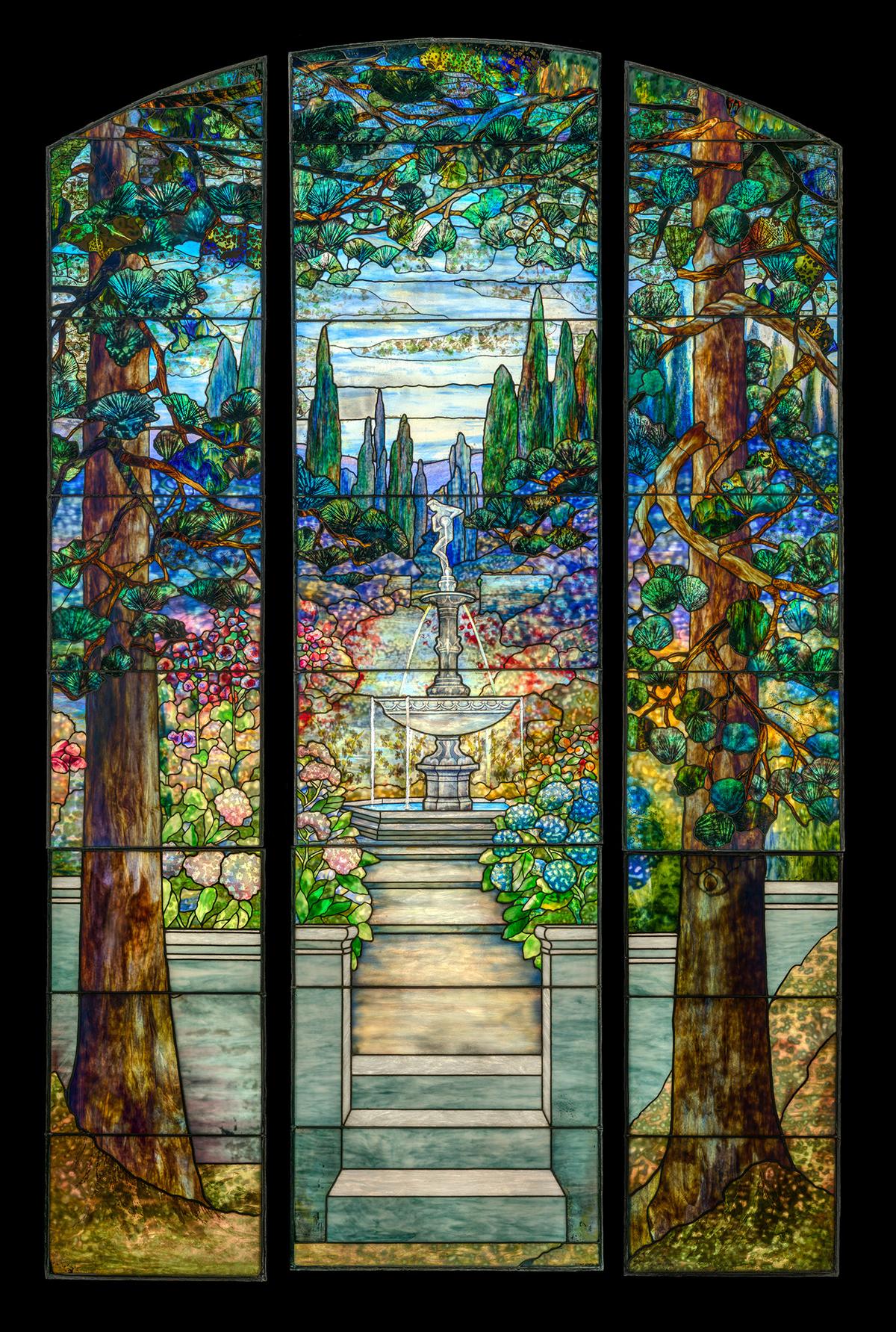 The central panel of the three-part Garden Landscape window, 1912, by Agnes F. Northrop. (Courtesy of The Met)