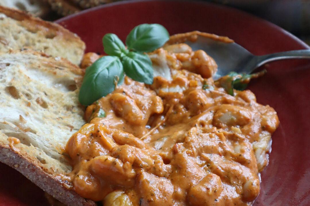 This Skillet Tomato Cheddar Basil Beans Recipe Will Warm Your Winter Bones